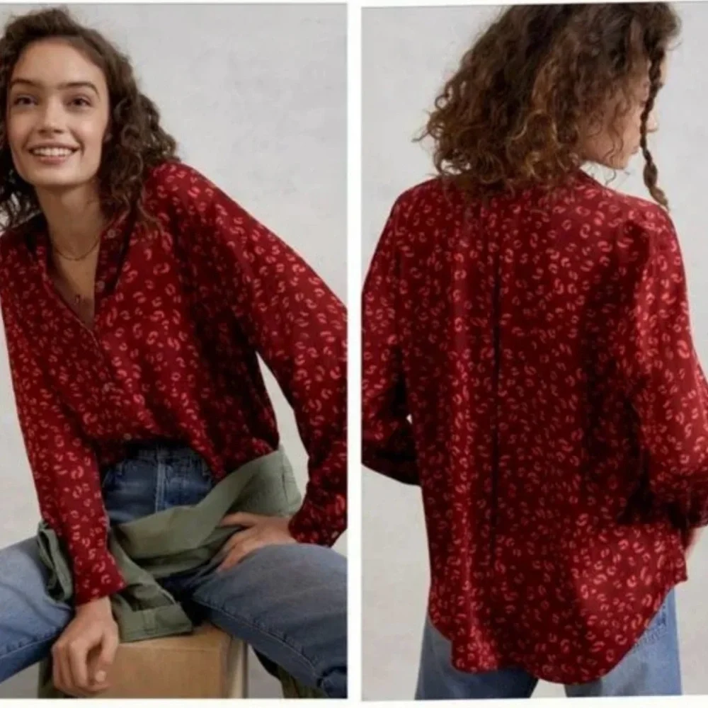 Farm Rio x Anthropologie Red Print Blouse Boho Chic Button Down Size L - Picture 3 of 3